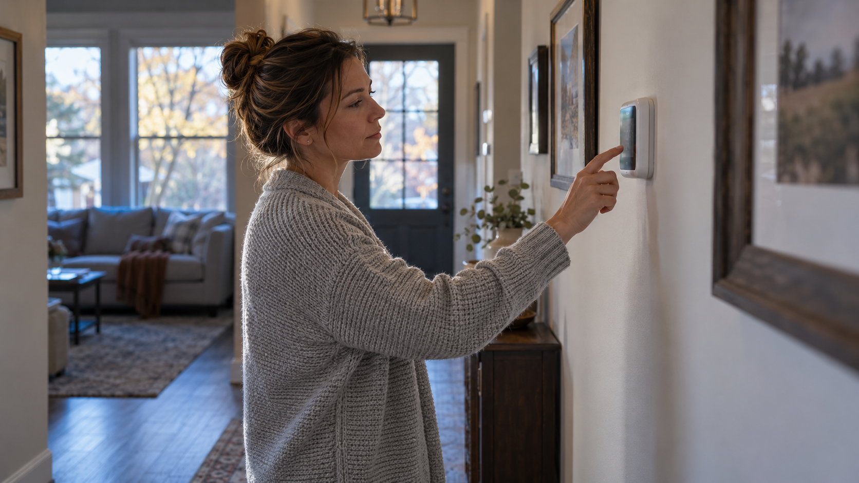 Homeowner checking a heat-pump thermostat in a Georgetown home.