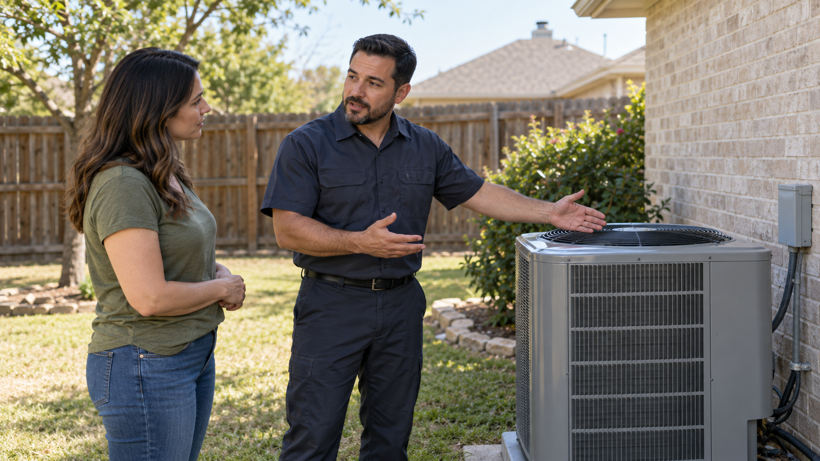 HVAC technician discussing an outdoor air conditioner with a Georgetown homeowner.
