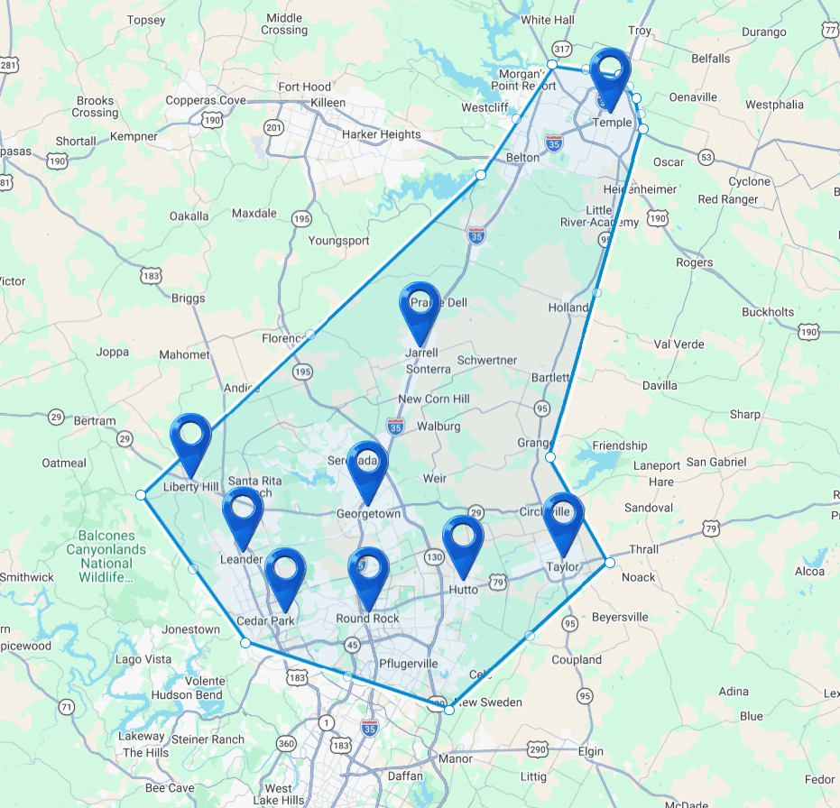 Cook Heating and Air LLC service area map covering Georgetown, Round Rock, Cedar Park, Leander, Temple, Liberty Hill, Taylor, and Hutto in Central Texas